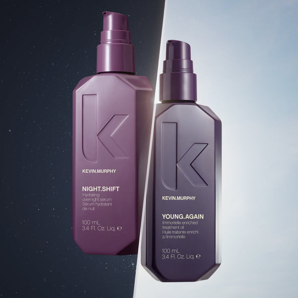 Two Kevin Murphy hair product bottles on a gradient background