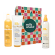 Milk Shake Make My Day hair care set featuring a yellow shampoo bottle, a white conditioner tube, and a white leave-in conditioner spray bottle arranged in front of a colorful patterned gift box on a white background.