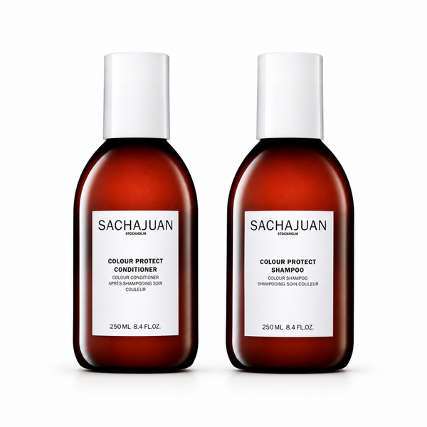 Two bottles of Sachajuan Colour Protect Shampoo and Conditioner on a white background