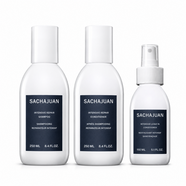 Three bottles of Sachajuan hair care products on a white background