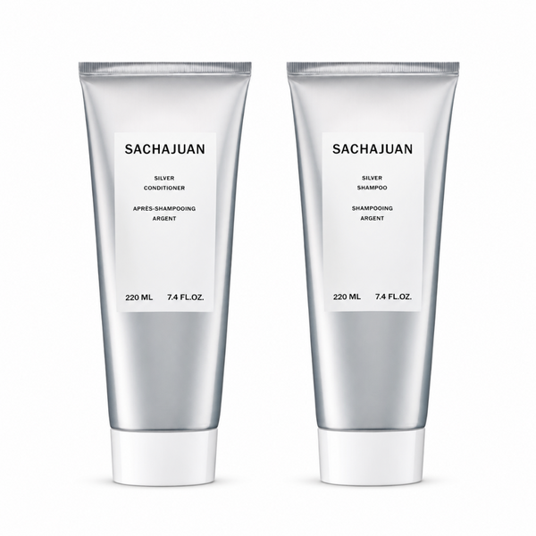 Two tubes of Sachajuan Silver Shampoo and Conditioner on a white background