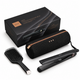 ghd Gold Professional Curling Iron set with a black hairbrush, black travel case, and black retail box on a white background.
