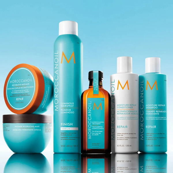 Moroccanoil argan oil haircare products for dry, damaged and frizzy hair with hydrating treatments and styling care.