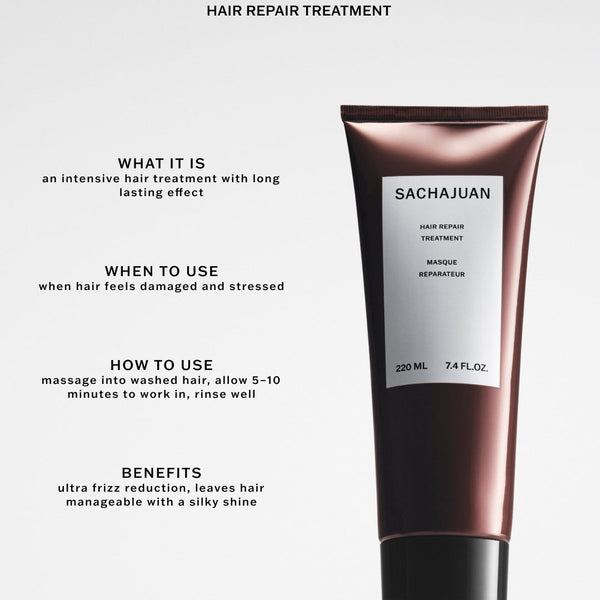 Sachajuan Hair Repair Treatment in a dark metallic brown squeeze tube with a white label, shown next to text detailing how to use and the benefits of the hair repair treatment on a light gray background.
