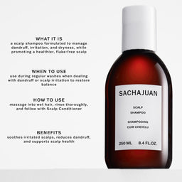 A bottle of Sachajuan Scalp Shampoo on a light gray background with black text detailing product information, usage, and benefits. The bottle is dark amber glass with a white cap and a white label.
