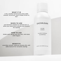 A white cylindrical bottle of Sachajuan Volume Powder hair styling product shown on a light gray background with black text describing its use and benefits.