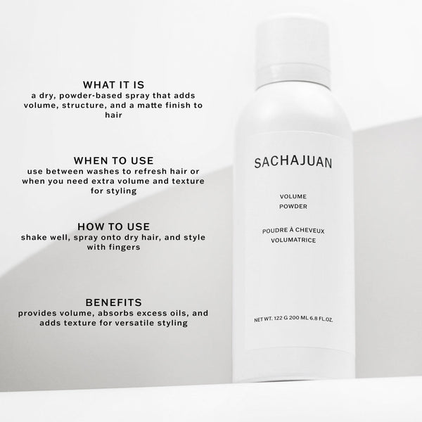 A white cylindrical bottle of Sachajuan Volume Powder hair styling product shown on a light gray background with black text describing its use and benefits.