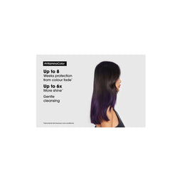 Product packaging with text and a person with purple hair on a white background