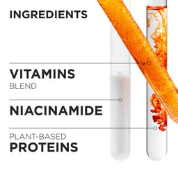 Promotional graphic for a plant-based protein powder or supplement, showing two clear test tubes on a white background with text labels: 'INGREDIENTS', 'VITAMINS BLEND', 'NIACINAMIDE', and 'PLANT-BASED PROTEINS'. One tube contains a white powder, and the other shows orange liquid mixing in.