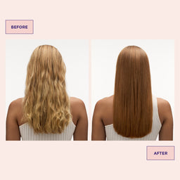 Before and after comparison of hair treatment on a person with long, wavy hair on the left and straightened hair on the right.