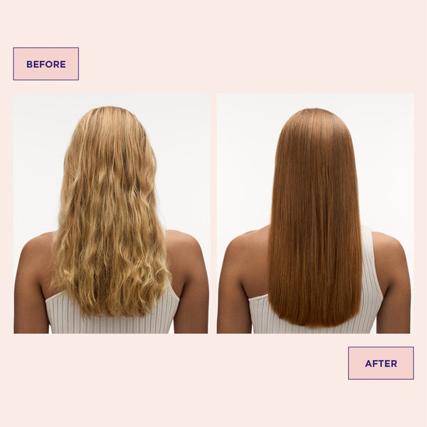 Before and after comparison of hair treatment on a person with long, wavy hair on the left and straightened hair on the right.