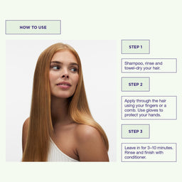 Woman with long blonde hair and instructions on how to use a hair product.