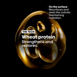 A glossy golden wheat protein droplet graphic on a black background with white marketing text reading 'THE TECH Wheat protein Strengthens and restores.' and additional text about the surface resurfacing and hydration.