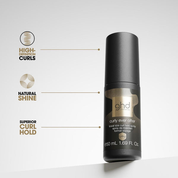 A bottle of ghd curl and shine hair oil stands on a white surface against a light gray background, with three callout graphics on the left highlighting high-elastic curls, natural shine, and superior curl hold.