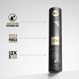 A single cylindrical bottle of ghd Dry Textured Hair Oil stands upright on a clean light gray studio background. To the left are three callout graphics with icons and text reading 'Absorbs excess oil,' 'Hair and scalp feels refreshed,' and 'Up to 2X fuller hair.