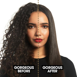 A woman shown from the shoulders up against a plain white background, with a vertical dotted line splitting her hair into two states labeled 'GORGEOUS BEFORE' and 'GORGEOUS AFTER.' The left side shows curly dark hair, and the right side shows straight dark hair.