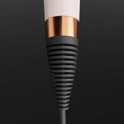 A close-up of a hair dryer nozzle attachment with a matte black ribbed cone, a metallic rose gold collar, and a white barrel, set against a dark gray gradient background.