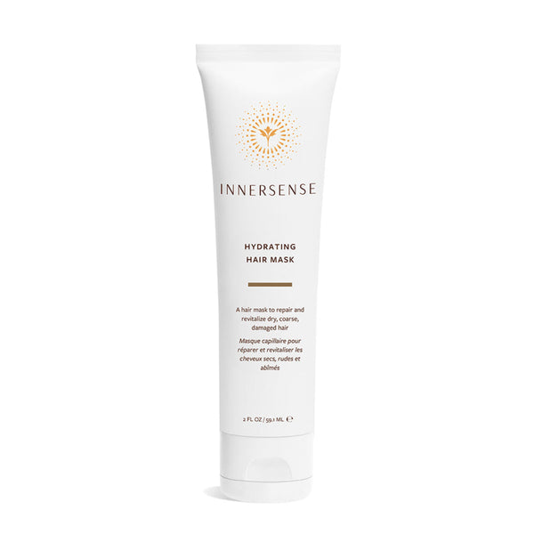 A white tube of Innersense Hydrating Hair Mask with gold and brown text and logo, set against a plain white background.