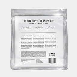 The back of a clear resealable pouch package labeled 'OCEAN MIST DISCOVERY KIT' on a light gray background.