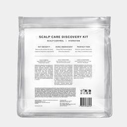 The back of a clear resealable pouch package labeled 'SCALP CARE DISCOVERY KIT' with black text and a barcode, shown on a light gray background.