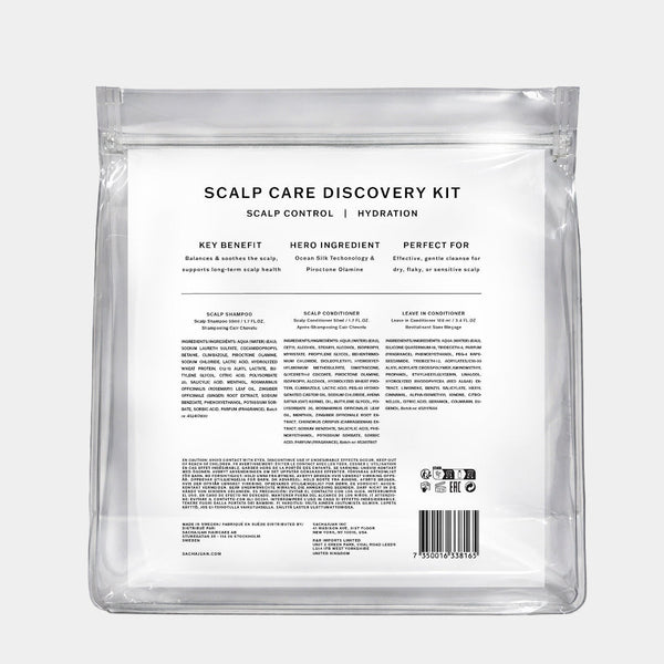 The back of a clear resealable pouch package labeled 'SCALP CARE DISCOVERY KIT' with black text and a barcode, shown on a light gray background.