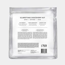 The back of a clear resealable pouch package labeled 'CLARIFYING DISCOVERY KIT' on a light gray background.