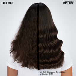 Before and after comparison of hair with 'All Soft Shampoo, Conditioner, and Argan-6 Oil' on a white background.