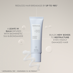 Kerastik leave-in balm tube with text on a beige background