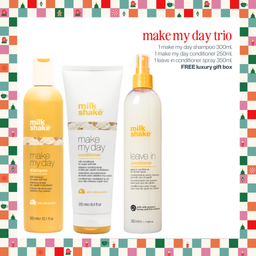 Three Milk Shake hair care products from the Make My Day Trio set, including shampoo, conditioner, and leave-in conditioner spray, displayed against a white background with a festive Christmas-themed border and promotional text.