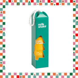 A teal Milk Shake 'milk 12 effects' product box with a white hanging loop, shown on a white background with a festive multicolor border.