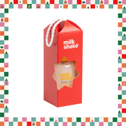 A red milk shake gift box with a white rope handle, featuring a star-shaped window that shows a milk shake inside. The box has the words 'milk shake' printed on it in white and orange.