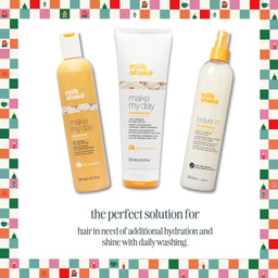 Three Milk Shake hair care products are displayed against a white background with a colorful Christmas-themed border. The products are a yellow-orange hair conditioner bottle, a white conditioner tube, and a white leave-in conditioner spray bottle with a yellow cap.