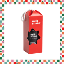 A red Milk Shake Icy Blond shampoo box with a white hanging loop, shown on a white background with a colorful Christmas-themed border.