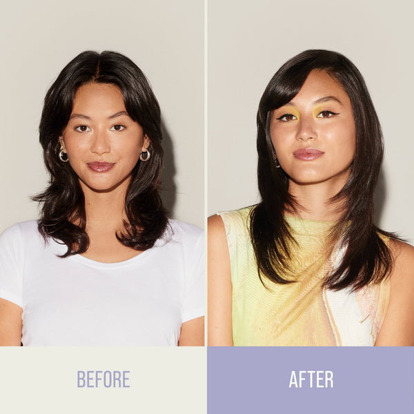 Before and after comparison of a woman with hair styled differently.