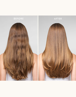 Before and after comparison of hair treatment on a person with long, straight hair.