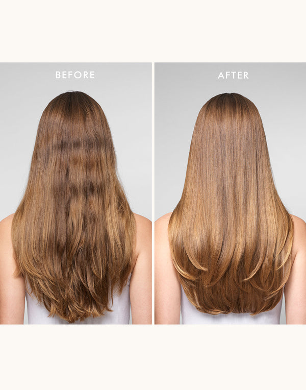 Before and after comparison of hair treatment on a person with long, straight hair.