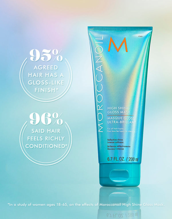 Moroccanoil hair mask tube with text on a gradient background