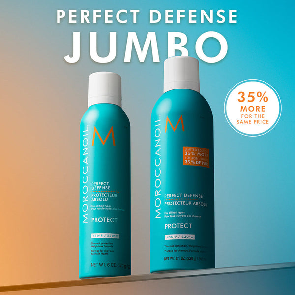 Two bottles of Moroccanoil Perfect Defense Jumbo on a gradient background
