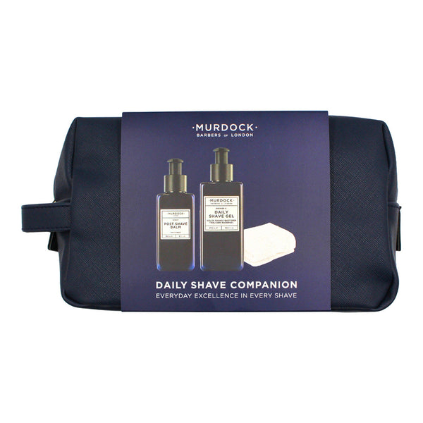 Murdock Barbers of London daily shave companion set with navy bag on a white background