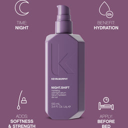 Purple bottle of Kevin Murphy hair product on a purple background with icons and text.