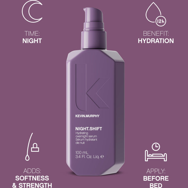 Purple bottle of Kevin Murphy hair product on a purple background with icons and text.
