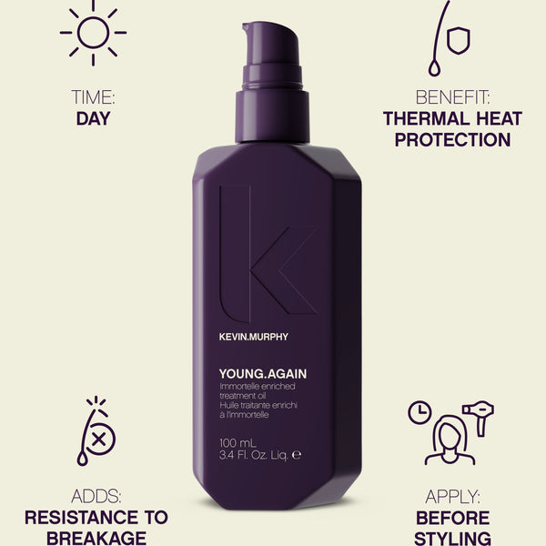 Purple bottle of Kevin Murphy product on a beige background with text about its benefits.
