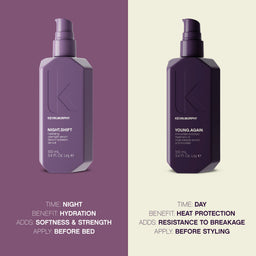 Two bottles of Kevin Murphy hair products on a purple and beige background with icons and text.