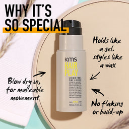 KMS Hair Play liquid wax bottle with text highlighting its features on a light background