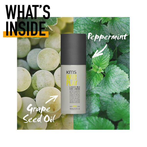 KMS Hair Play product with peppermint and grape seed oil text on a green leaf background