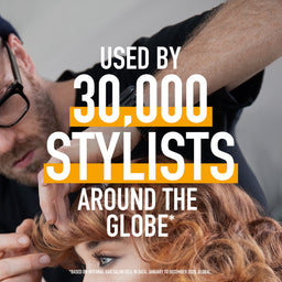 Person styling hair with text claiming use by 30,000 stylists around the globe.