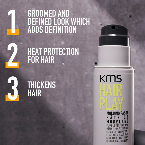 KMS Hair Play product with features listed on a gray background