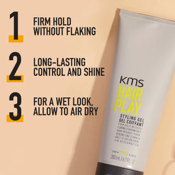 KMS Hair Play styling gel with text on a beige background