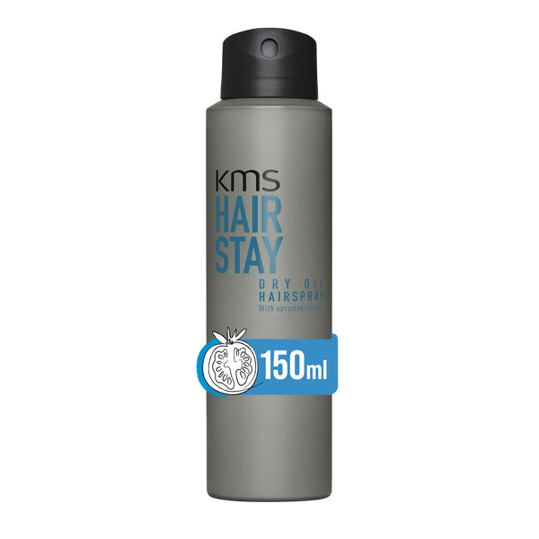 KMS Hair Stay dry oil hairspray bottle on a white background