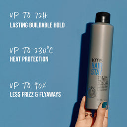 KMS Hair Stay product held by a hand with text on a blue background